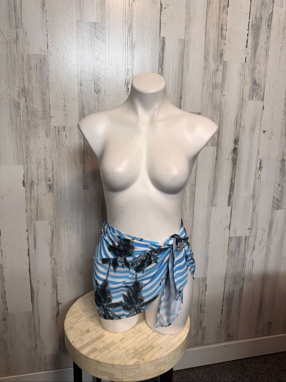 Flamingo Palm Tree Striped Tie Side Sarong Mini Swim Skirt Cover Up One Size Blu